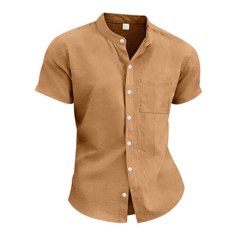 Mens Summer Solid Linen Stand Collar Pocket Loose Short Sleeve Shirt S жёлтый