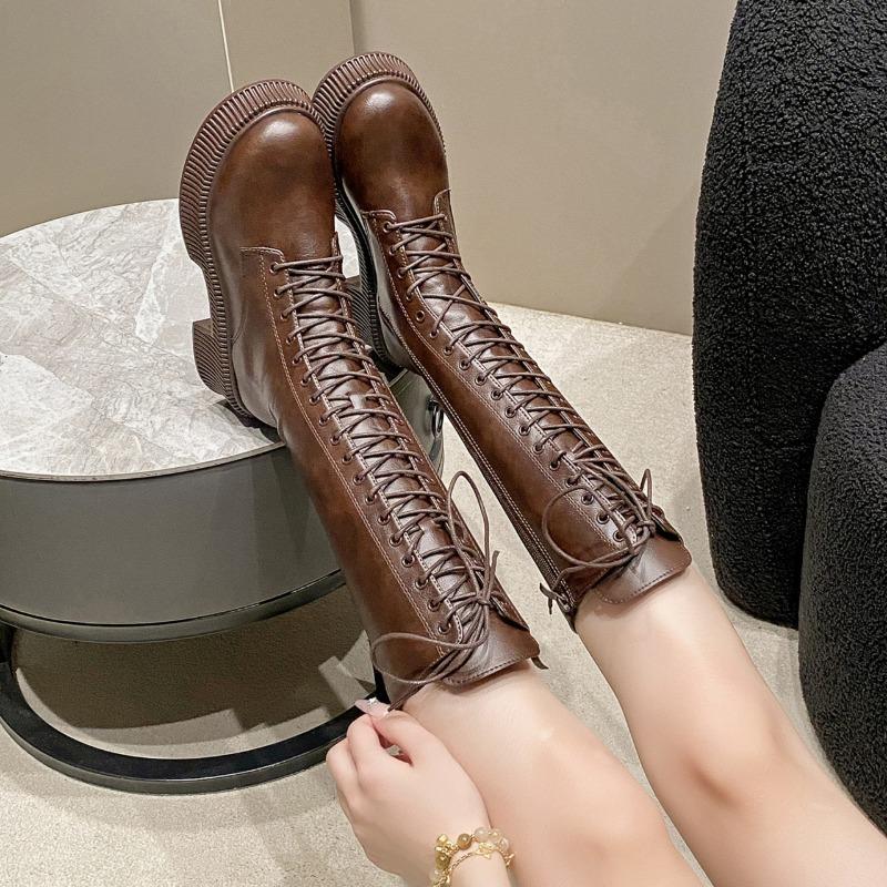 Modă Cizme Dama Până la Mijlocul Gambei Toamnă/Iarnă Stil Punk Vârf Rotund Tocuri Groase Cu Șireturi Fermoar Măresc Înălțimea Piele PU Cizme Moto