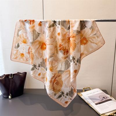 Warm Orange Flower Printing Simulation Silk Scarf Square Scarf High-End Shawl Versatile Neck Small Square Scarf Headscarf