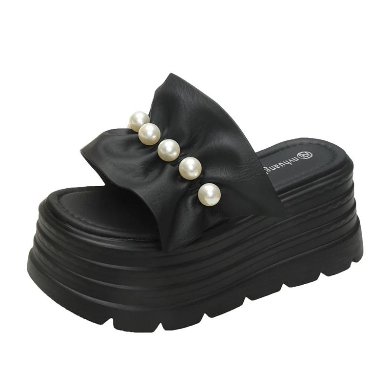 

8CM Thick String Bead Slippers Women Summer New 2025 Chunky Platform Sandals Woman Flip Flops Wedges High Heels Sandalias Mujer 34