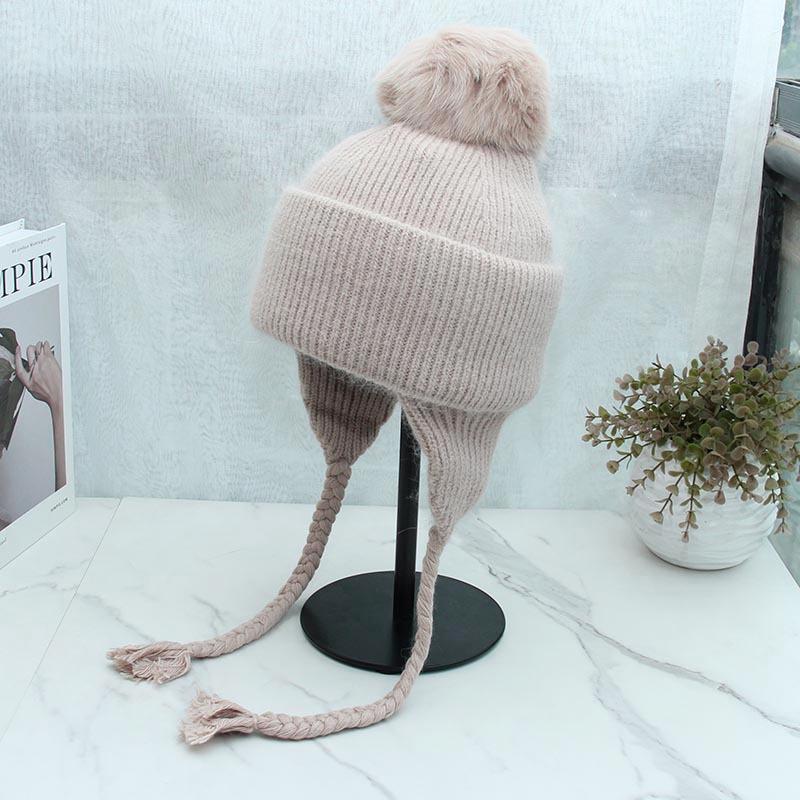 High-quality long rabbit fur ear protectors are exported to Russia in winter, thickened and enlarged, warm fox hairball knitted hat for women