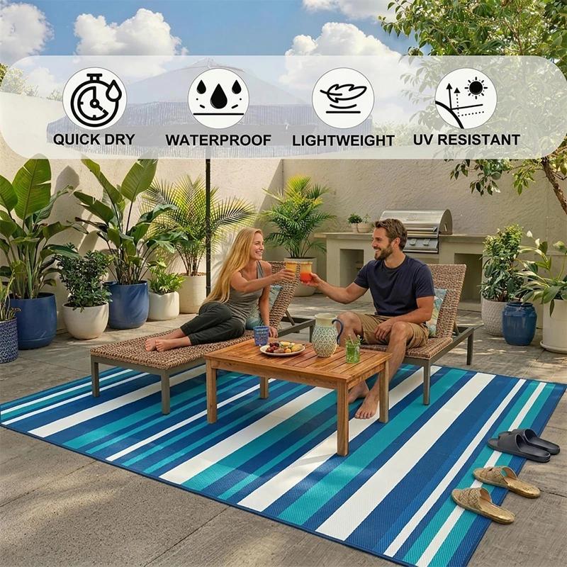 Blue White Striped Outdoor Rug Camping Essentials Outdoor Rug Waterproof Rv Essentials Outside Area Rug For Deck Garden