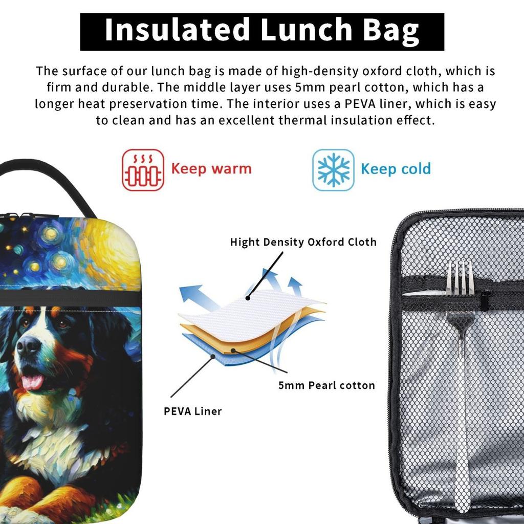 Sternennacht Berner Sennenhund Van Gogh Liebhaber Isolierte Lunchtasche für Frauen Kinder Essensboxen Thermische Lunchbox Tragetasche