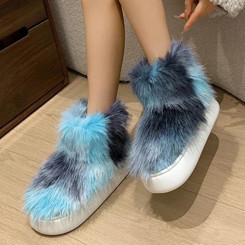 Fashion Tie Dye Fluffy Fur Boots Women Winter Plush Warm Snow Boots Woman Street Style Thick Sole Non Slip Cotton Padded Shoes