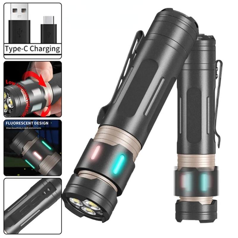 High Power LED Flashlight Camping Night Light with Pen Clip USB Rechargeable Fidget Top Fluorescent Torch for Outdoor Hiking Emergency