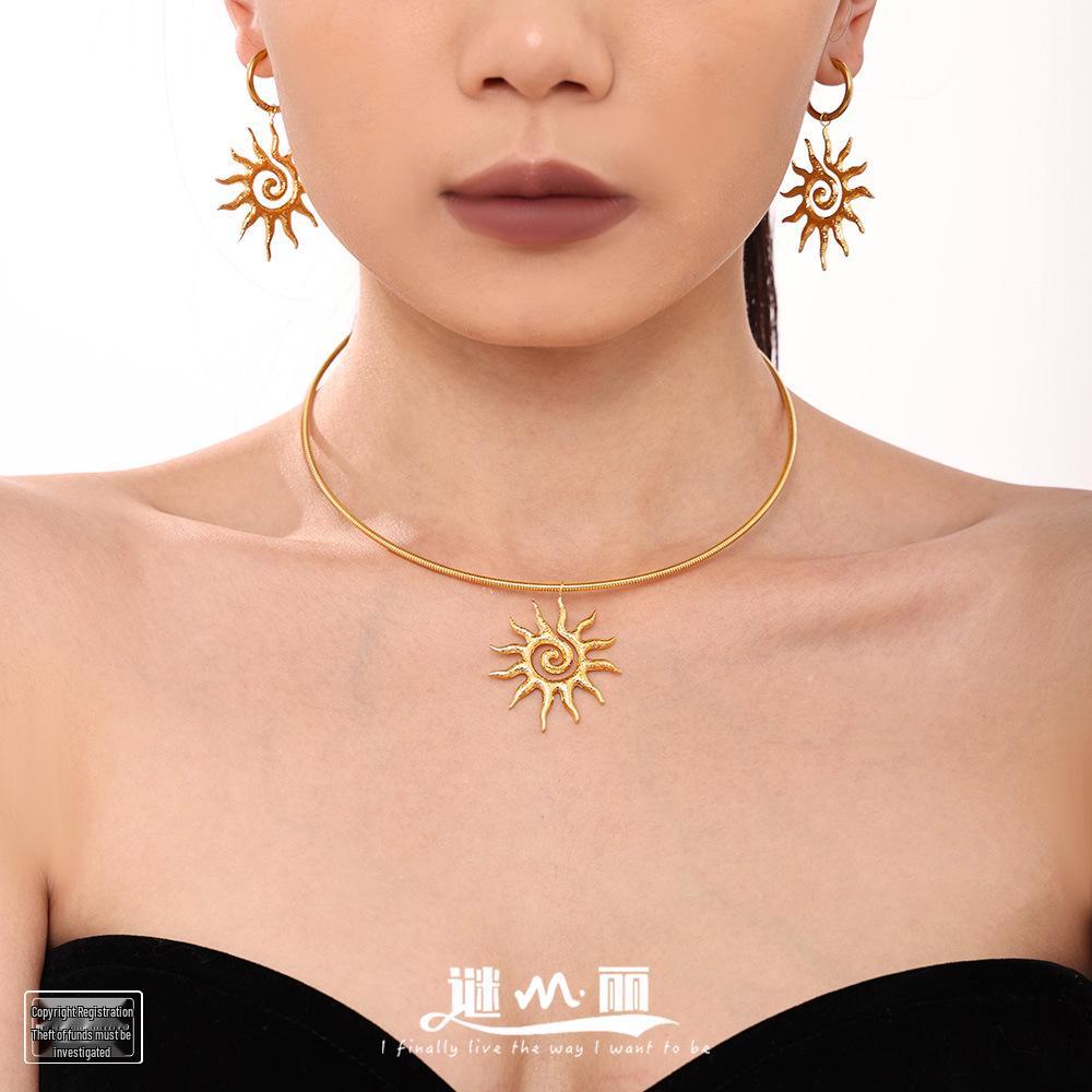 18k Gold-Plated Titanium Spiral Sun Pendant Necklace & Earrings Set