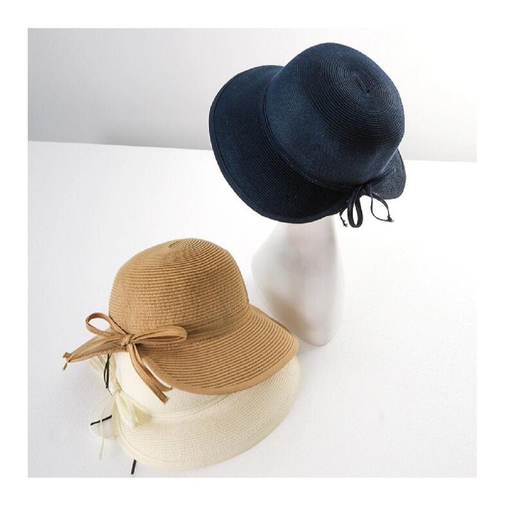 Elegant Bow Sunshade Straw Hat Women Summer Outing Seaside Sunscreen Bucket Hat