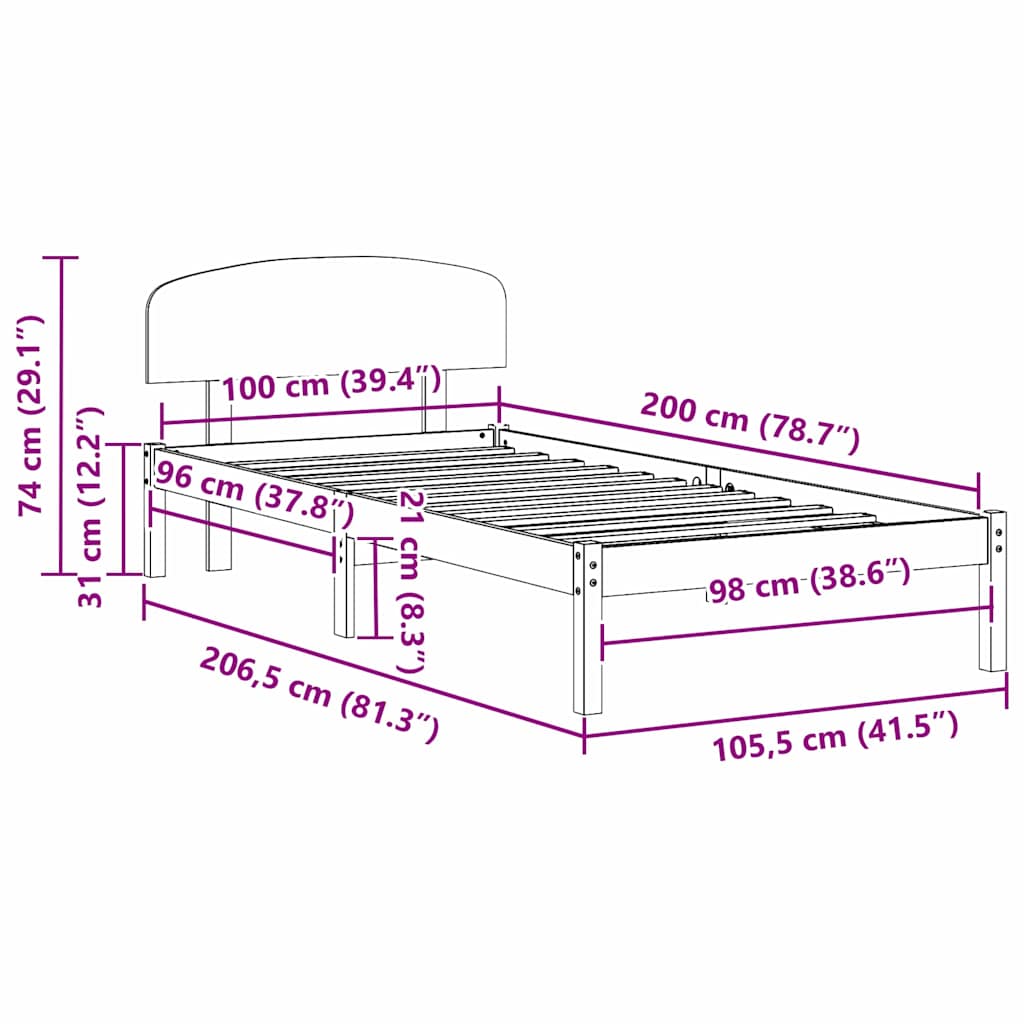 Natural Wooden Bed Frame with Headboard 100 X 200 Cm Solid Pine Wood