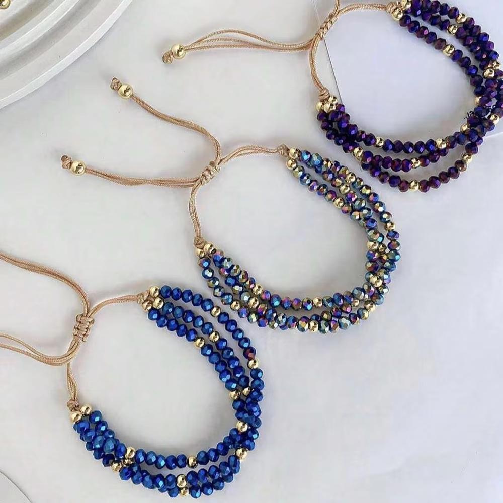 3 Layers AB Blue Gold Color Beaded handmade Adjustable Bracelet For Women Vintage Design String Weaving Knots Bracelet Jewelry