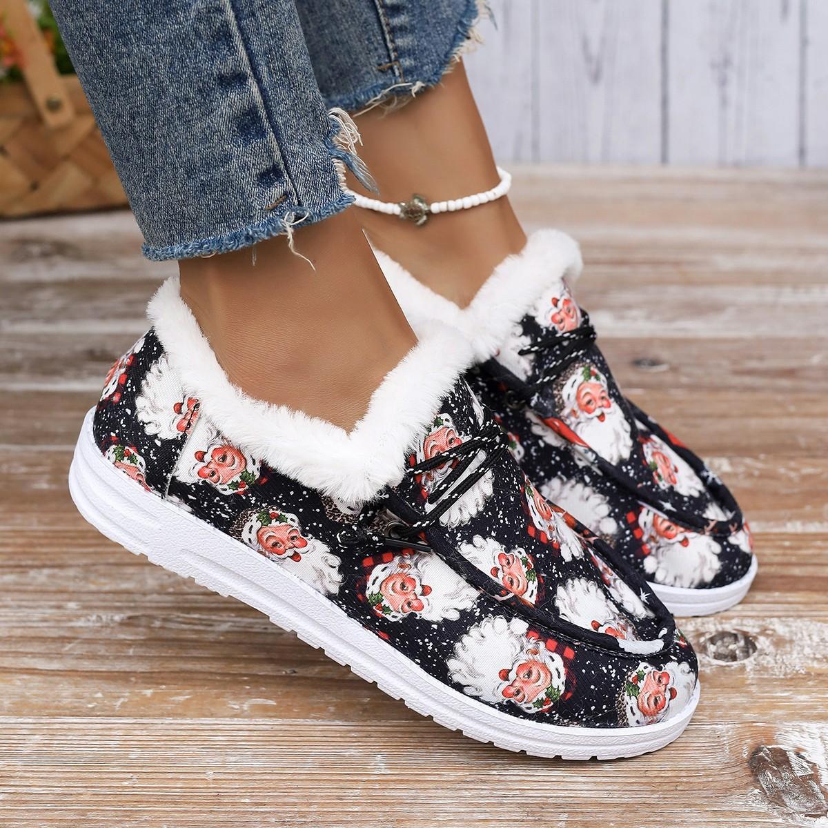 

2025 autumn and winter new Christmas large size plush casual single shoes women s flat bottom plush cotton shoes 43 чорний