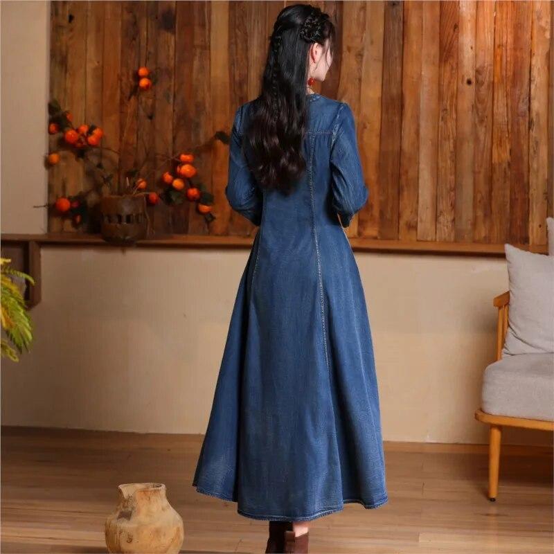 Johnature Woman Spring Pocket Cotton Single Breasted Long Sleeves Dress V-Neck Embroidery Solid Color A-Line Dress