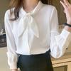 [SYitong] Women's Long-Sleeved Blouse, Stylish, White & Blue, Office Wear, Commuting, Relaxed Fit, Solid Color, Spring/Summer, Plus Sizes, Ribbon Blou