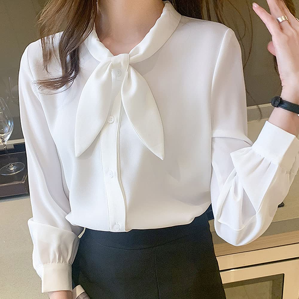 [SYitong] Women's Long-Sleeved Blouse, Stylish, White & Blue, Office Wear, Commuting, Relaxed Fit, Solid Color, Spring/Summer, Plus Sizes, Ribbon Blou