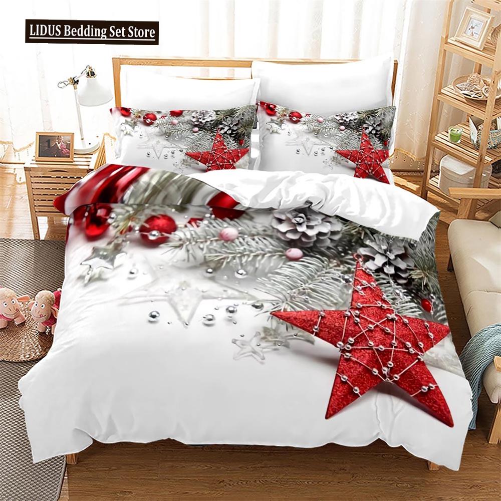 Christmas Duvet Cover Set King Size Snowflake Bells Pattern Festival Bedding Set Polyester Comforter Cover For Kids Boys Girls