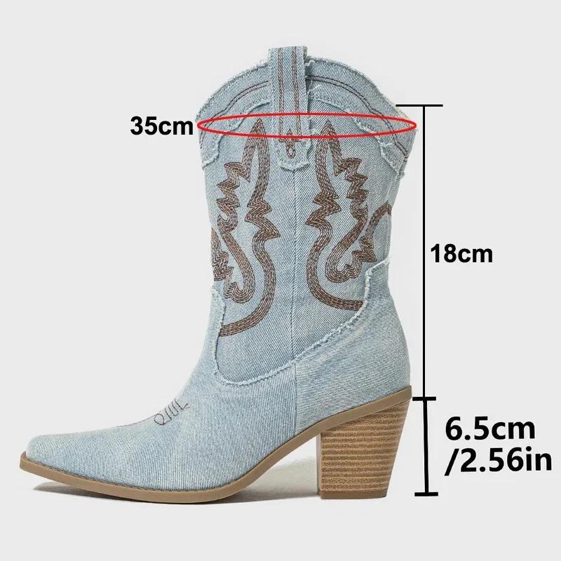 Damen Bestickte Denim Stiefeletten Hoher Dicker Absatz Westernstiefel für Büro Nachtclub Party Gesellschaftliches Treffen Geburtstagsfeier OL