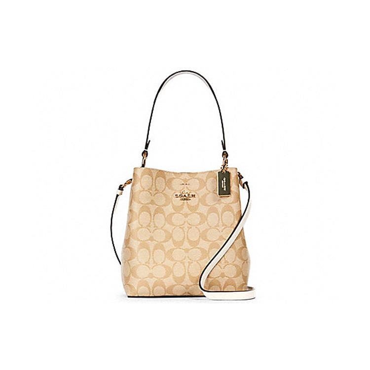 

New COACH Town Canvas With Leather Bucket Bag, Handbag, Shoulder Bag, Crossbody Bag Small Size Women s Khaki 2312-IMDQC 21.6*10.2*21.6CM