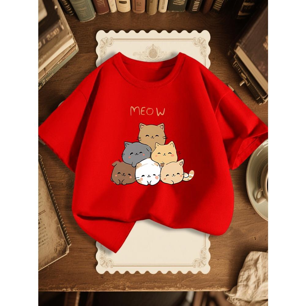 T Shirt Stacked Cute Kittens Meow Letter Print Boys Girls Cotton Short Sleeve Parent Kid Lovely Pet Casual