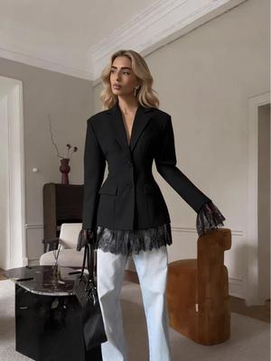 Chic European & American Women's Designer Black Lace Patchwork Slim Fit Blazer