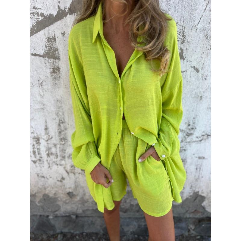 Women's Casual Solid Colour Shorts Long Sleeve Wrinkled Fabric Shirt Two Piece Set