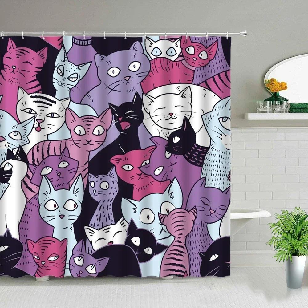 Funny Little Cat Dog Bathing Shower Curtain Cartoon Animals Printed Bathroom Curtain Set Waterproof Polyester Fabric Bath Screen