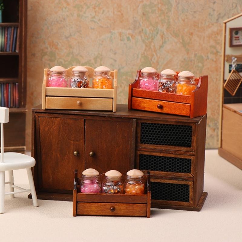 Vintage Style Wooden Spice Jar Rack Dollhouses Furniture 1/12 Scale Miniature Model Design