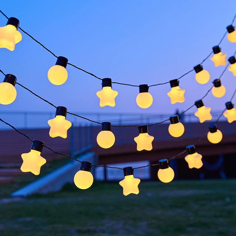 Solar Waterproof LED Heart & Star String Lights for Outdoor Camping & Tent Decoration