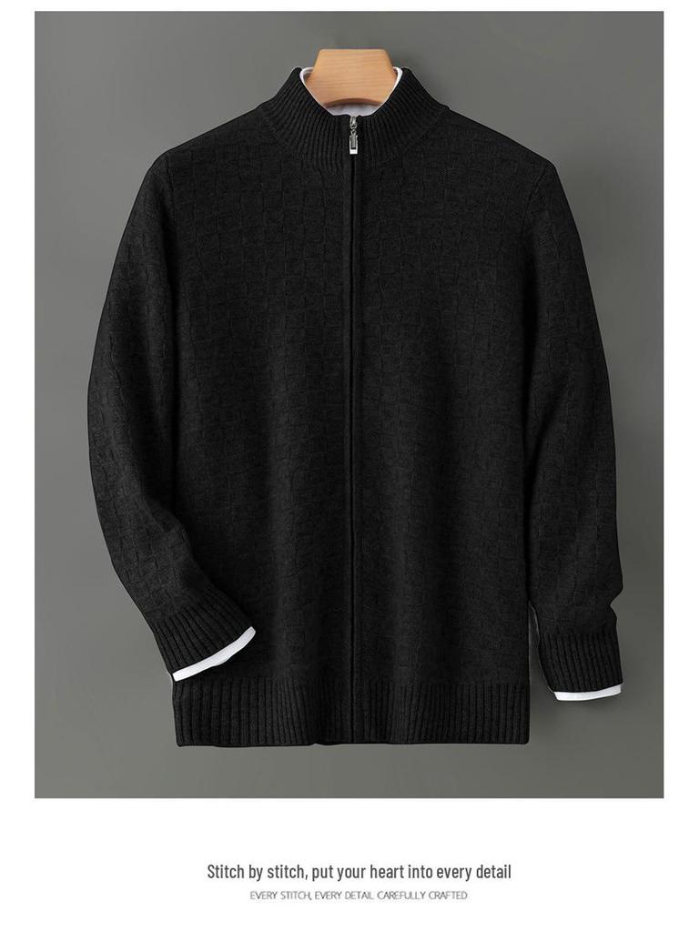 Men's Trendy Plaid Jacquard Wool Cardigan: Loose, Versatile, Long-Sleeved, Knitted, Cashmere Blend, Seven-Needle Thick.