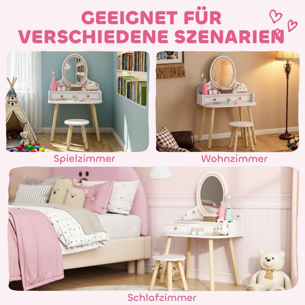 Kids Vanity Table Set Dressing Table with Stool Mirror Drawers Clothes Rails for 3-8 Years 56 X 38 X 87.8 Cm White