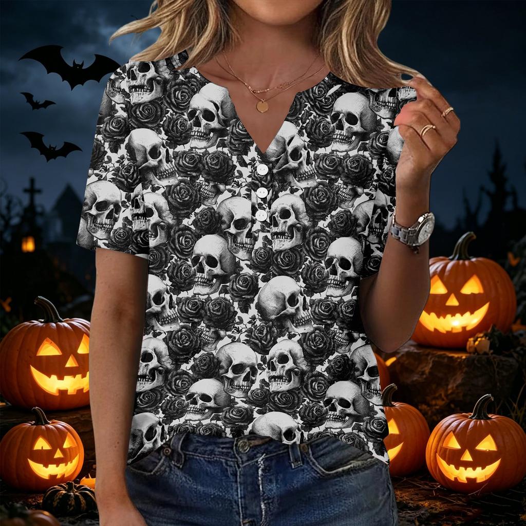 Women's Casual Short Sleeve V-Neck T-Shirt with Print and Decorative Buttons