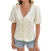 Chemise Casual Jacquard Uni à Col en V Nouveau Style Printemps/Été avec Accents Floraux Doux et Col Patché pour Femme