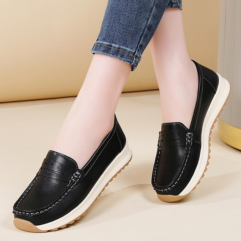 Women Loafers Lady Genuine Leather Flat Casual Shoes Office Shallow Mouth Single Shoes Mother Nurse Antiskide Work Driving Shoes