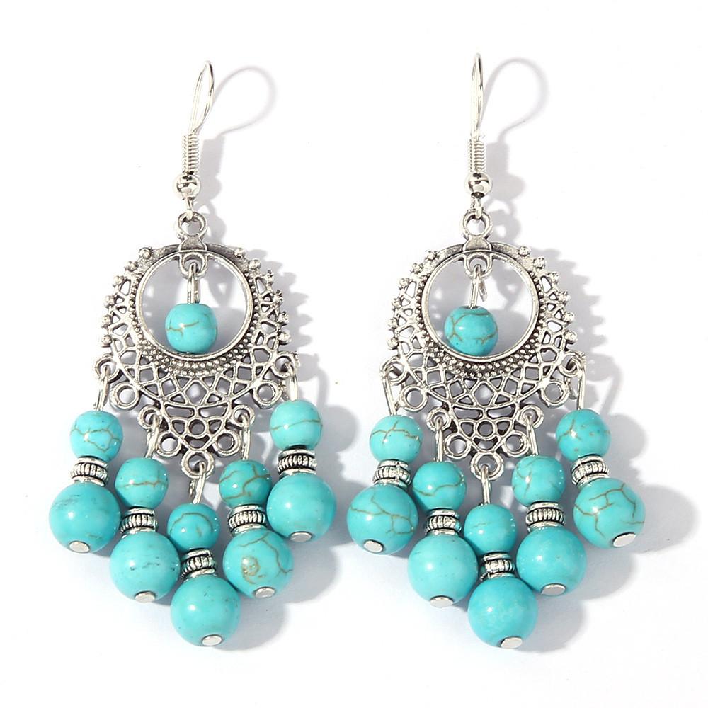 

Ethnic Turquoise Simulation Beaded Earrings With Silver Filigree For Wear Daily Sky Blue