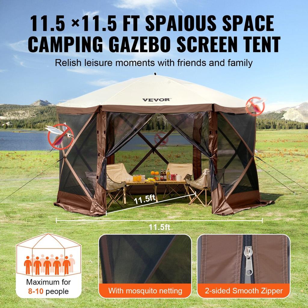 Pop Up Gazebo Tent Pop-Up Screen Tent 6 Sided Canopy Sun Shelter Brown