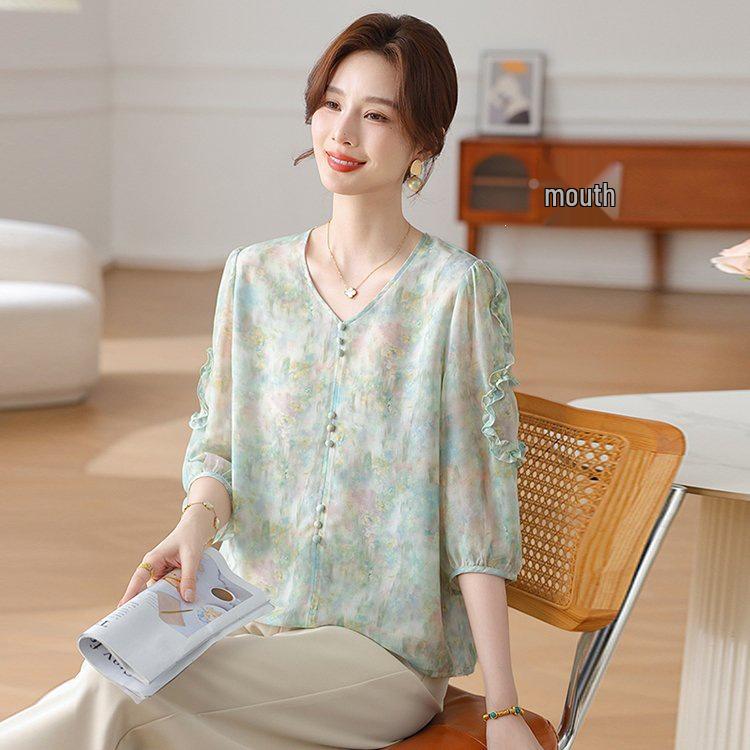 Elegantes Chiffon-Oberteil mit Sieben-Viertel-Ärmeln für Frühling/Sommer für Frauen mittleren und höheren Alters