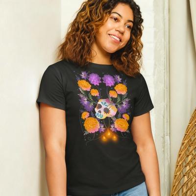Day of The Dead Tshirt with Skull and Marigold Flowers Graphic Tee Mexican Traditional Festival Souvenir Tops Women Casual Tees