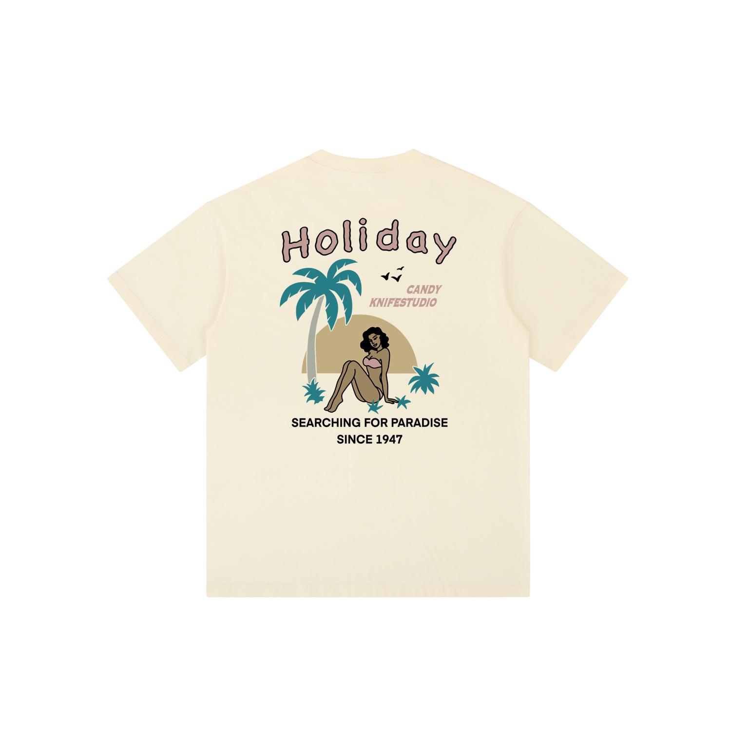 

Unisex Retro Coconut Tree & Sun Print Cotton T-Shirt 3XL темно-серого