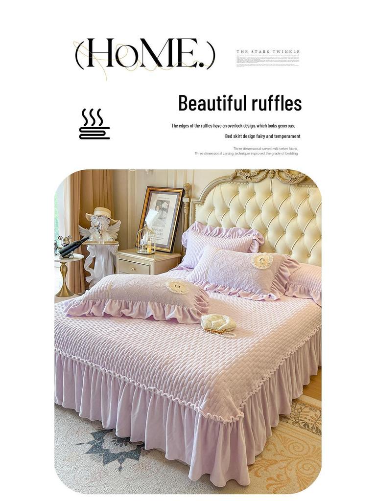 Geschnitztes Milchsamt 4-teiliges gemütliches Tagesdeckenset: Doppelseitige Fleecedecke, dicker gesteppter Bettrüsche für Herbst & Winter