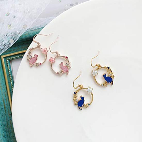 Feel Gold Cute Cat Gift Blue Pink "Cat Earrings" Women's (Earrings & Set)