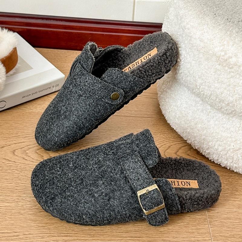 Design sense retro thick bottom velvet bag head half drag autumn and winter new warm wool cotton slippers