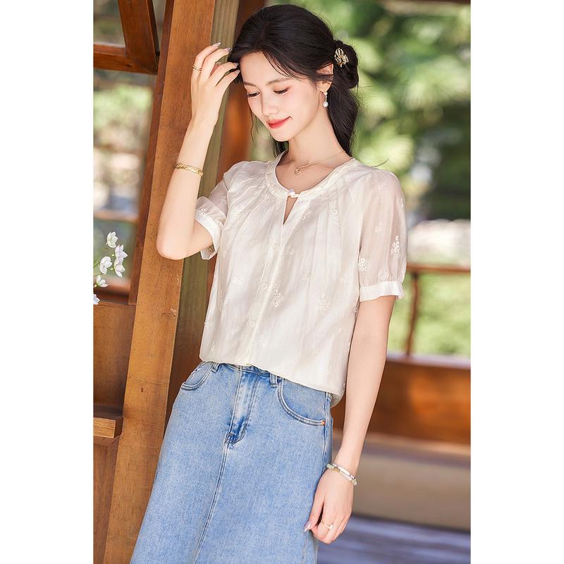 Tencel New Chinese Style Embroidered Blouse L