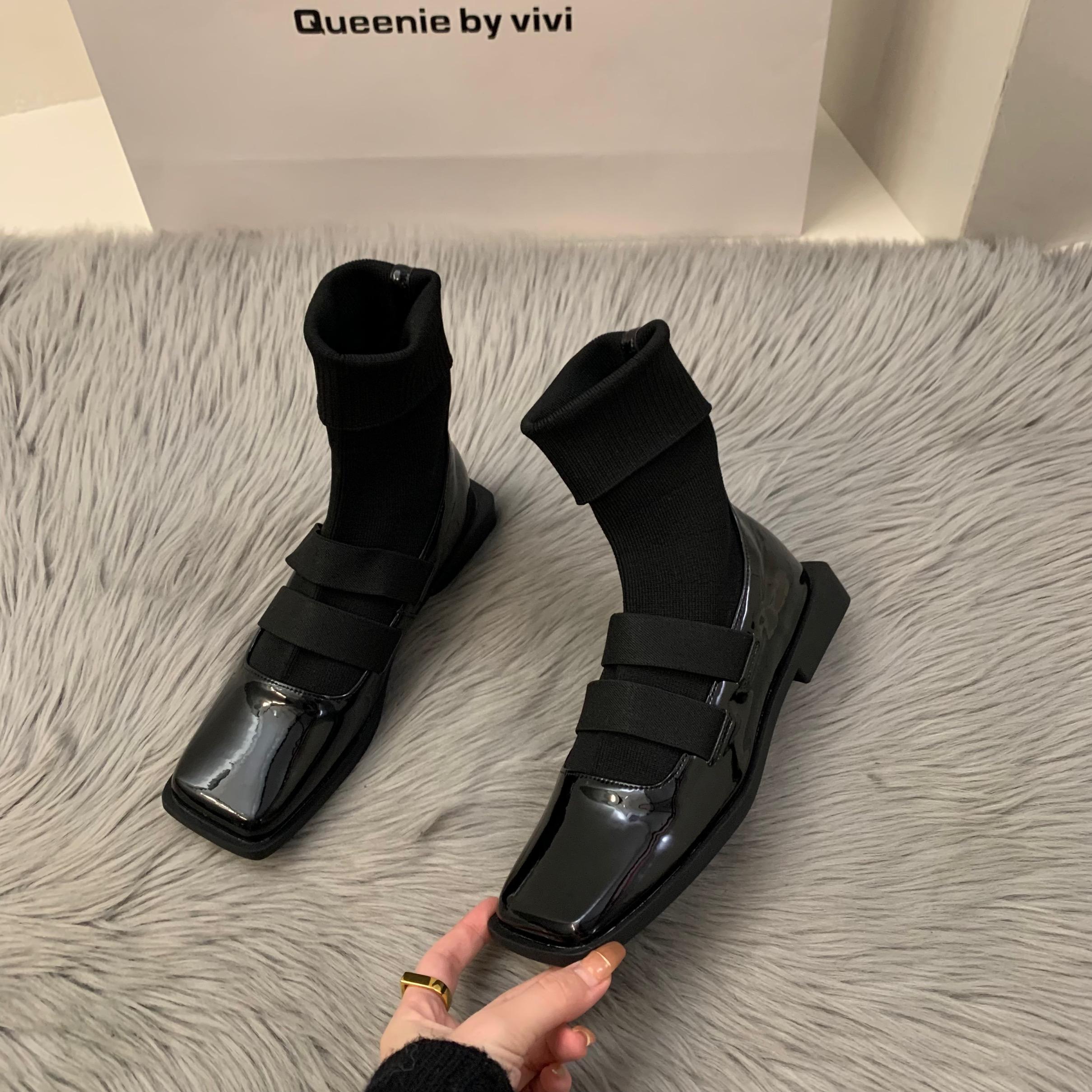 

Тонкие вязаные носки-ботинки с квадратным носком, женская обувь 2025, новые осенне-зимние носки-ботинки, лоферы, короткие ботинки с носками-ботинками 39