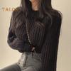 Autumn Winter Knitting Tops Round Neck Puff Long Sleeve Solid Color Loose Fit Casual Top Ribbed Trim Pullover Sweater