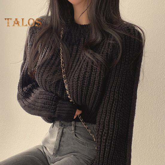 Autumn Winter Knitting Tops Round Neck Puff Long Sleeve Solid Color Loose Fit Casual Top Ribbed Trim Pullover Sweater