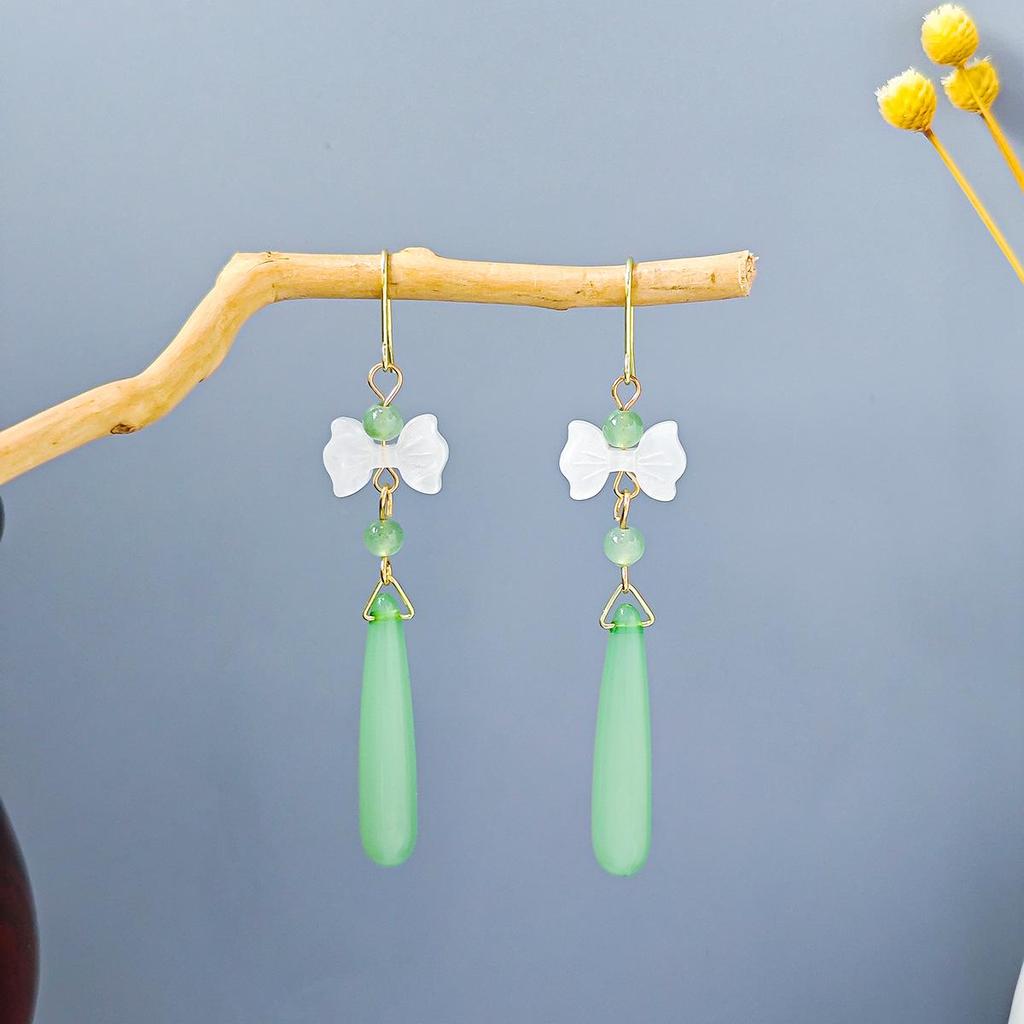 Ancient Chinese Style Beaded Tassel Earrings with Flower Fan and Bowknot
