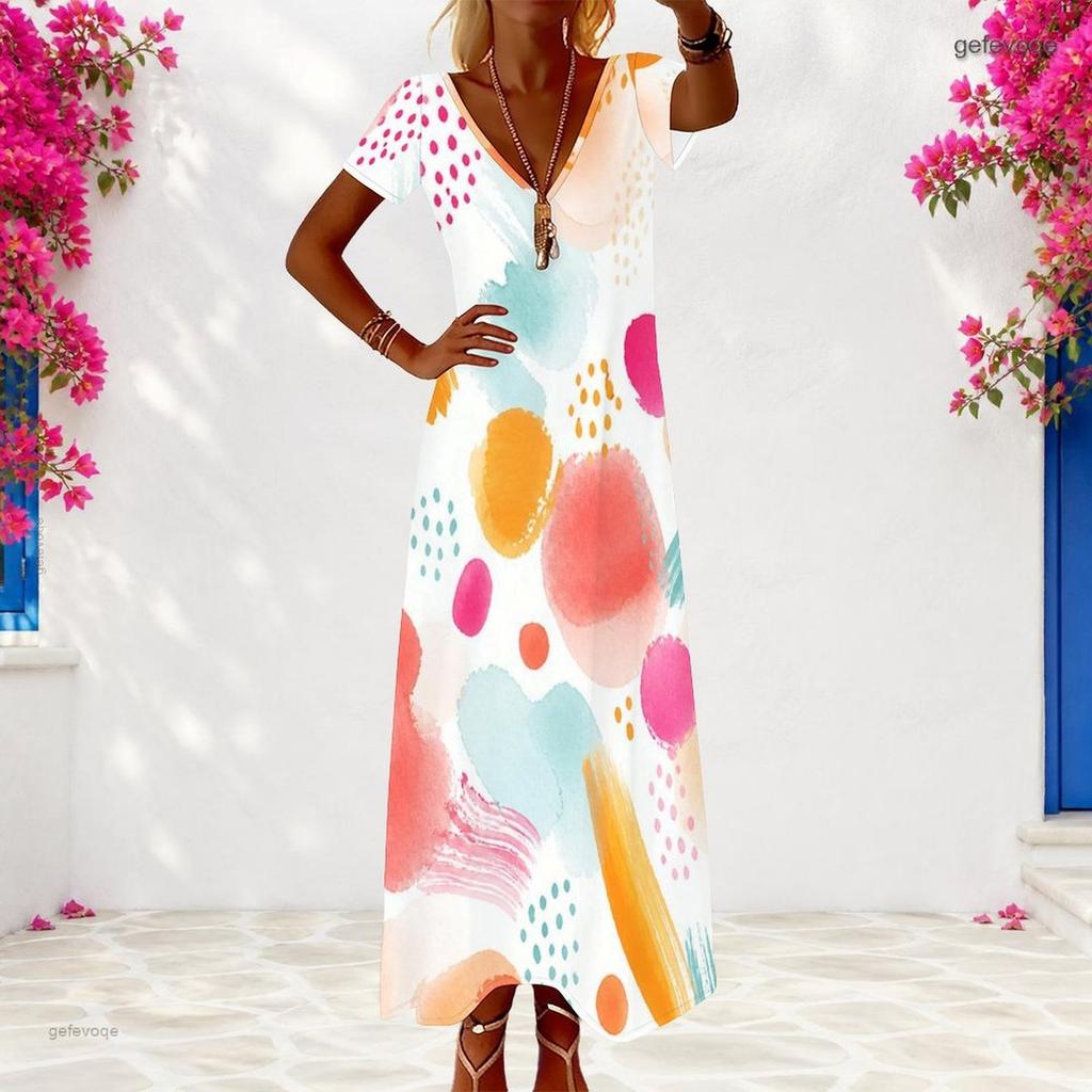Women Plus Size V Neck Short Sleeve Colorful Printed Long Dress