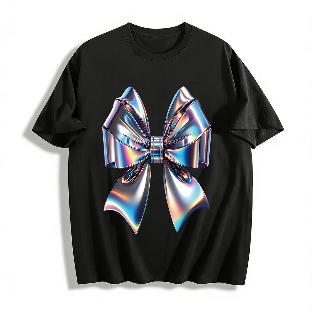 Holographic Laser Bow Print Trendy T-Shirt Loose Casual Streetwear For Men And Women Pure Cotton T-shirt