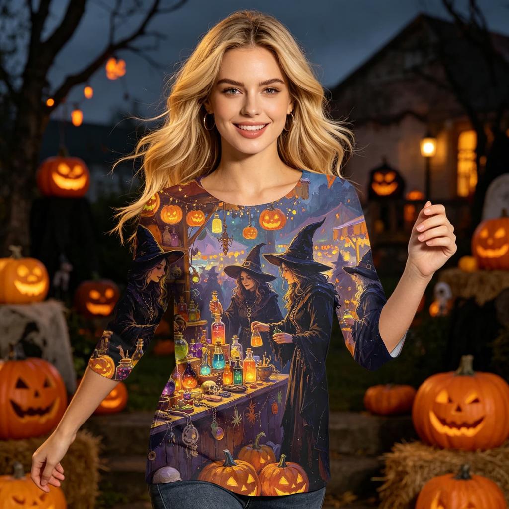 Women's Casual Halloween Graphic Top Three Quarter Sleeve Round Neck Shirt Lightweight Soft Fabric Comfortable Fit