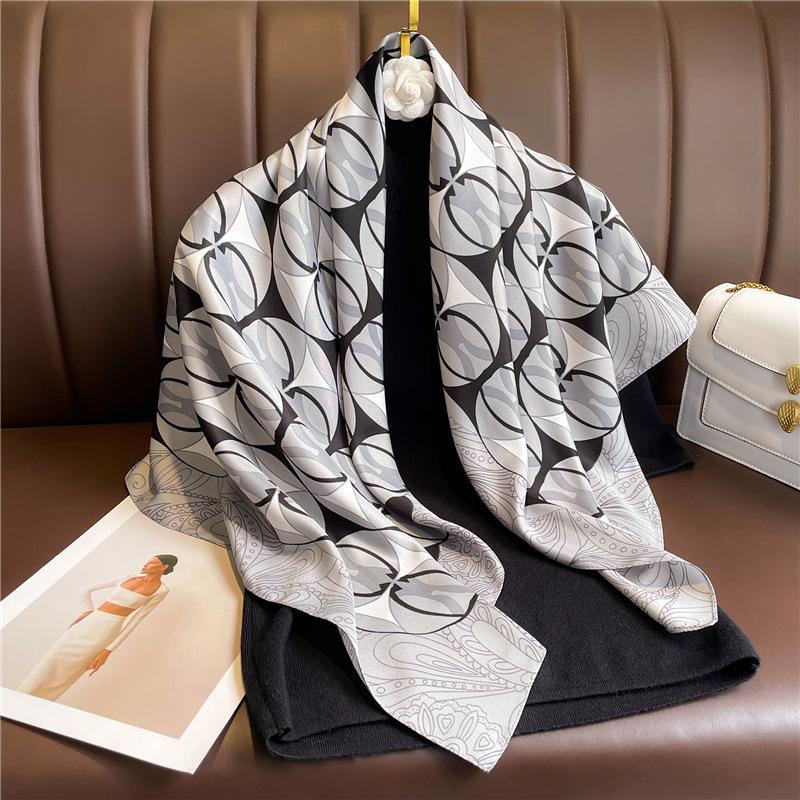 90x90cm Square Silk Scarf Luxury Brand Designer Hair Print Head Handkerchief Hijab Shawl Women Bandanna Foulard Muffler Wrap