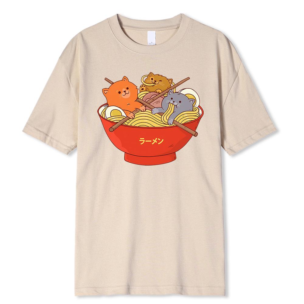 Japanese Style Cute Cats In Noodies Bowl Printed T Shirts Men Breathable Loose Clothing Casual Tshirt