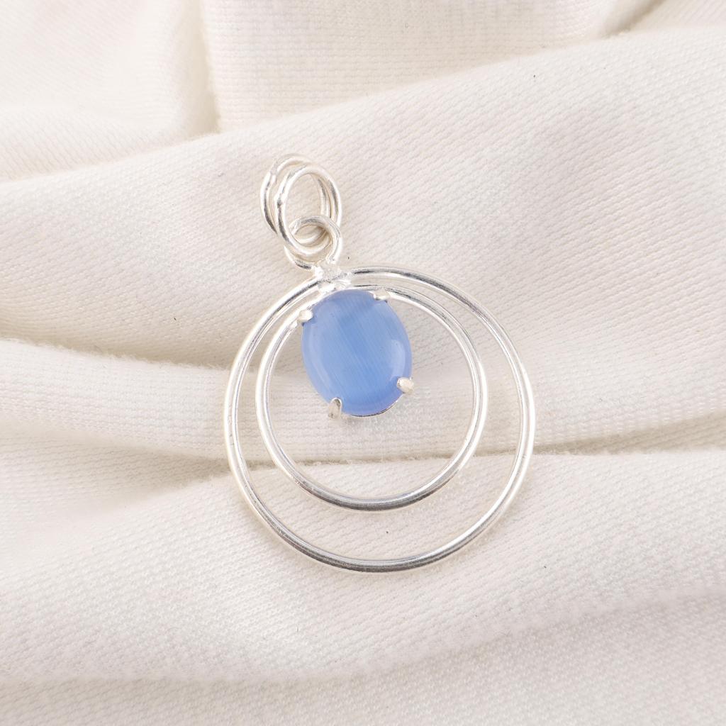 Dunkelblauer Katzenaugen-Edelsteinanhänger, 925 massiver Sterlingsilberschmuck, handgefertigter Designer-Anhänger, Geschenk für Schwester